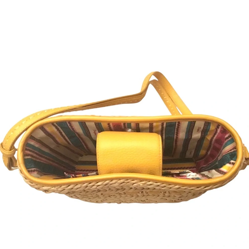 Brighton Carmella Straw Crossbody Yellow Leather Trim Medium Bucket Shoulder Bag